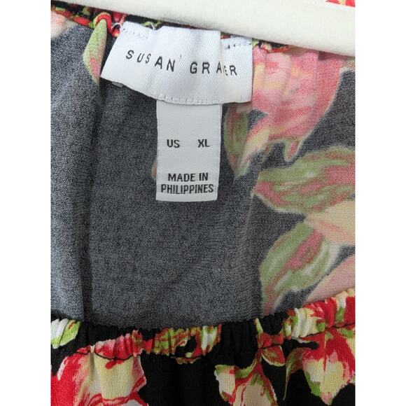 Susan Graver Black Red Floral Off The Shoulder Blouse Size XL Long Flare Sleeves - Picture 6 of 10